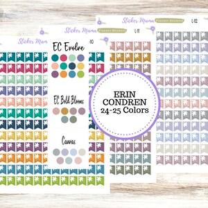 May include: Three sheets of planner stickers with a variety of colors and designs. The stickers feature flags with white stars and a dotted border. The text on the sheets reads "Sticker Mama Planner Stickers" and "Erin Condren 24-25 Colors".