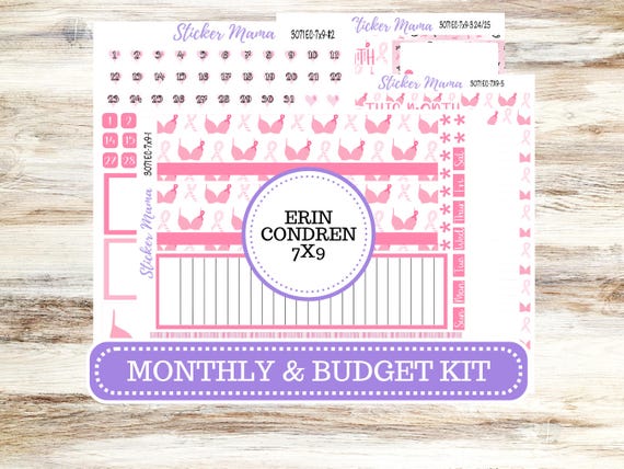 Erin Condren 7x9 Monthly Planner Sticker Kit | 3071 Breast Cancer | Undated Choose Your Month