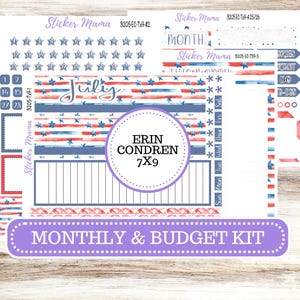 Puede incluir: Un kit de pegatinas para planificador con temática patriótica, con estrellas y rayas rojas, blancas y azules. El kit incluye pegatinas para el mes de julio, con el texto "MONTHLY & BUDGET KIT" y "ERIN CONDREN 7x9".