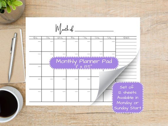 Minimalist Side Monthly Calendar Planner Pad | 11” x 8.5”