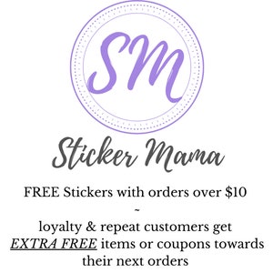 May include: A white background with a circular logo featuring the letters "SM" in a lavender color. Below the logo, the words "Sticker Mama" are written in a dark gray script. Additional text promotes free stickers.