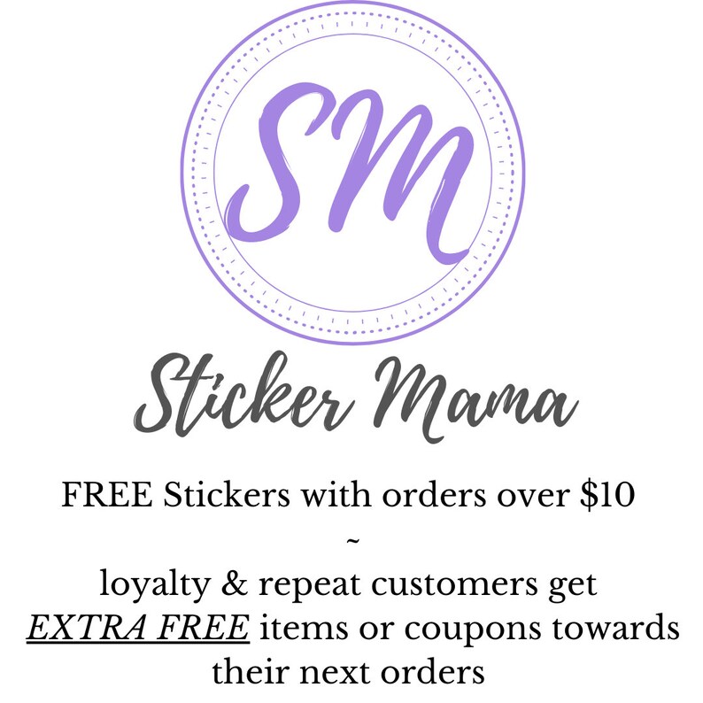 May include: A white background with a circular logo featuring the letters "SM" in a lavender color. Below the logo, the words "Sticker Mama" are written in a dark gray script. Additional text promotes free stickers.