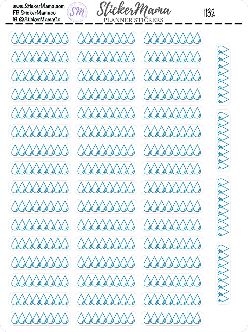 K&ouml;nnte beinhalten: Eine Planer-Sticker-Tabelle mit 112 blauen Regentropfen-Symbolen. Die Tabelle ist mit "Sticker Mama Planner Stickers" und "1132" beschriftet.