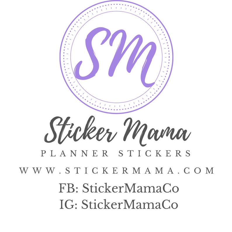 K&ouml;nnte beinhalten: Lilafarbenes Logo mit den Buchstaben "SM" in einem Kreis mit gepunktetem Rand. Der Text "Sticker Mama" befindet sich unter dem Kreis, gefolgt von "PLANNER STICKERS" und "WWW.STICKERMA.COM". Der Text "FB: StickerMamaCo" und "IG: StickerMamaCo" befindet sich unter der Website-Adresse.