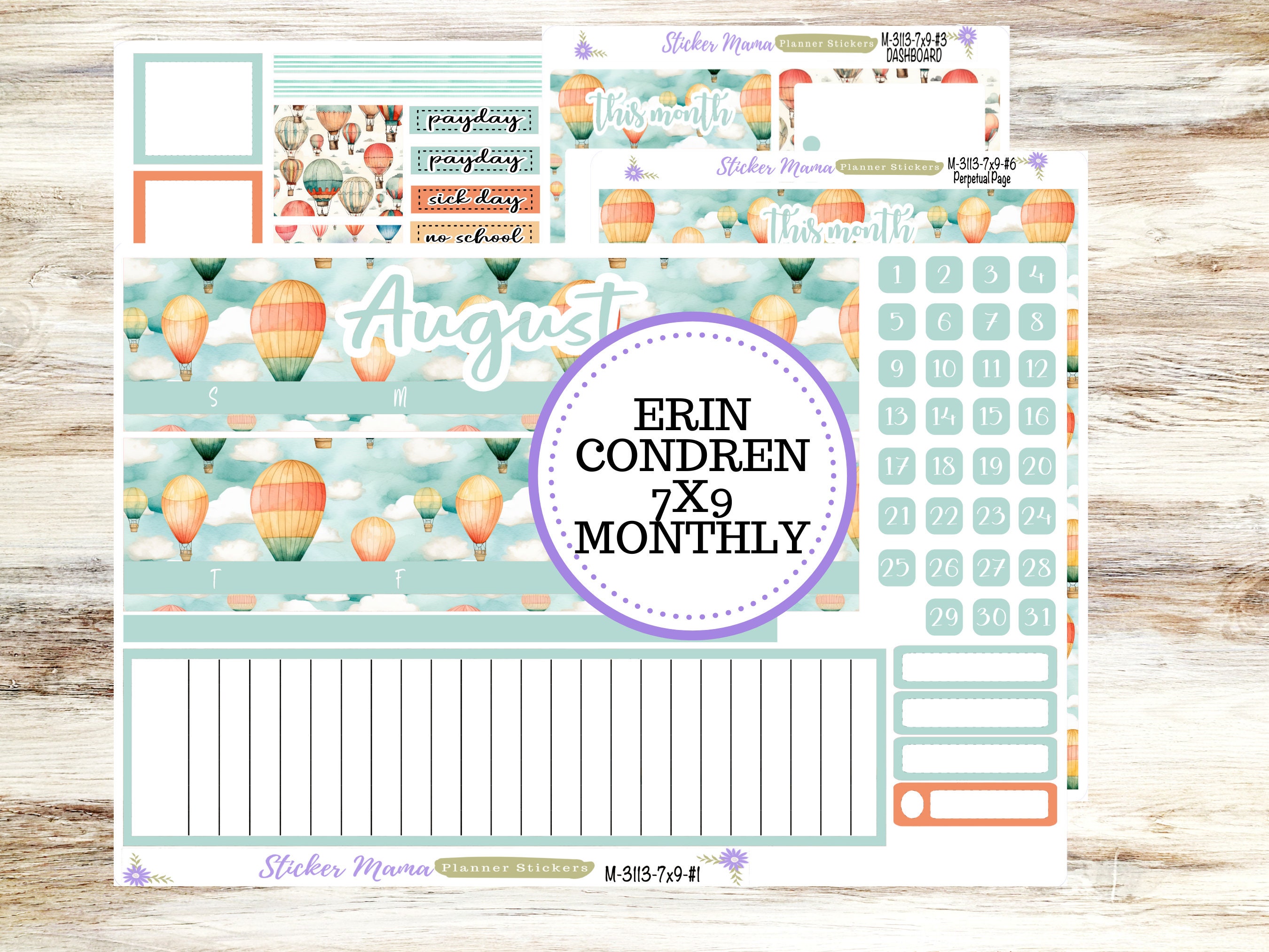 ERIN CONDREN Monthly Kit-3113 || 7X9 || Hot Air Balloons Monthly  - 7x9 EC August Monthly Kit - Monthly Planner Kits -  Monthly Budget