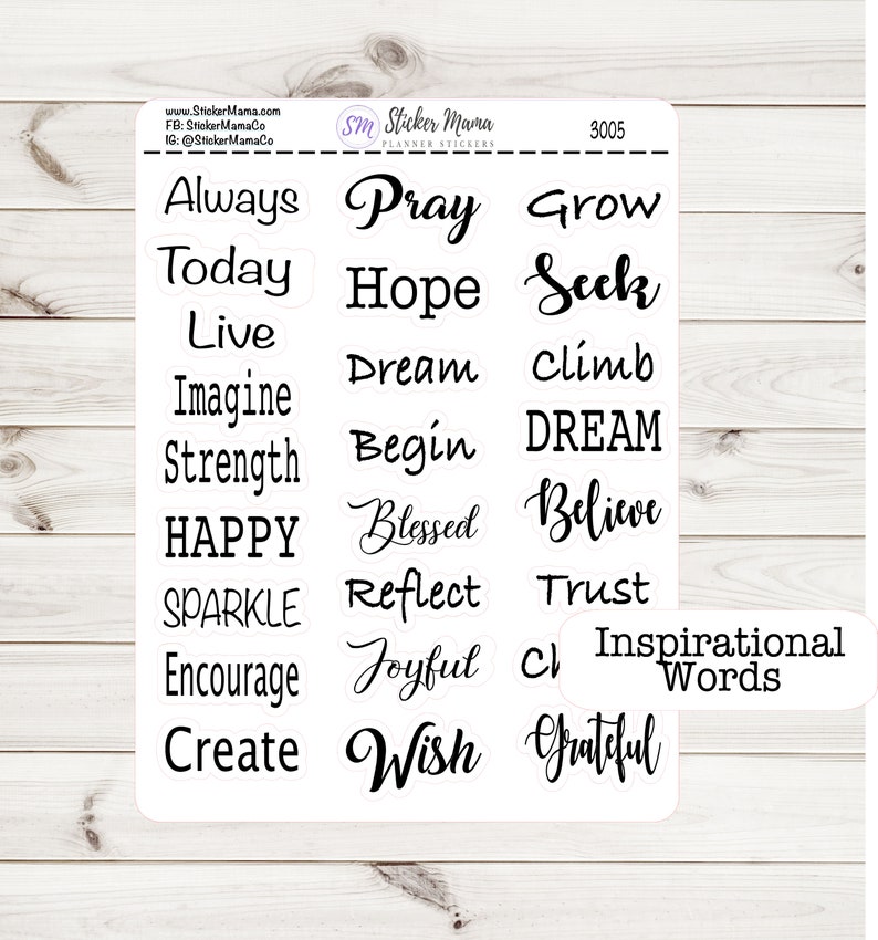 May include: A sheet of white sticker paper with black text. The stickers feature inspirational words such as "Always", "Pray", "Grow", "Today", "Hope", "Seek", "Live", "Dream", "Climb", "Imagine", "Strength", "Begin", "DREAM", "HAPPY", "Blessed", "Believe", "SPARKLE", "Reflect", "Trust", "Encourage", "Joyful", "Create", "Wish", and "Grateful".