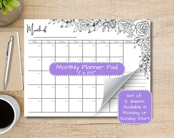Cute Roses Monthly Planner Pad 8.5x11 | Tear Off Desk Pad | Floral Productivity Planner