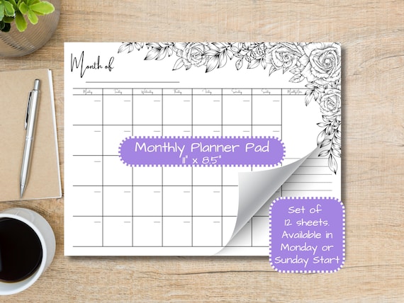 Cute Roses Monthly Planner Pad 8.5x11 | Tear Off Desk Pad | Floral Productivity Planner