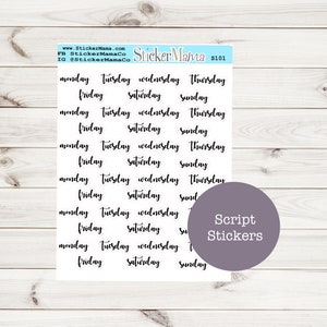 May include: A sheet of white paper with black script stickers featuring the days of the week. The words "Script Stickers" are printed in black on a purple circle.