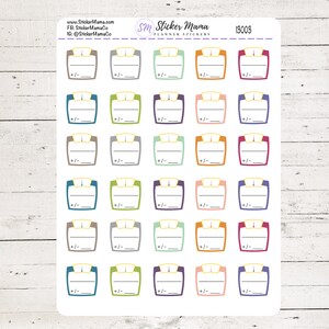 May include: A sheet of 25 colorful weight scale planner stickers. Each sticker has a blank space for writing and a plus or minus sign.