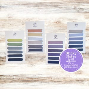 May include: Six sets of sticky notes in various colors, including green, blue, gray, and brown. Each set has five notes, and the notes are 2 inches by 4 inches. The text on the image reads "Sticky Notes Light Adhesive 2' x 4' 6 colors w/20 stickies each."
