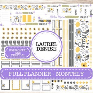 LAUREL DENISE MONTHLY Planner Kit #3109 || Laurel Denise Stickers Kit || Horizontal Vertical || Grey and Yellow Floral || May