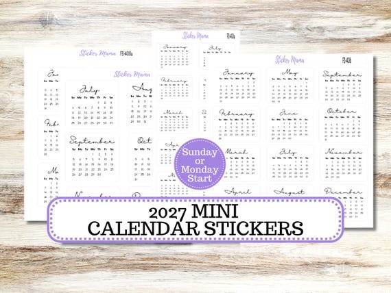 2027 Mini Calendar Stickers | Planner, Laptop, Desk (Removable Matte)