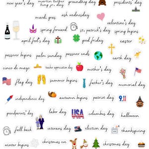 May include: A sheet of planner stickers by Sticker Mama, featuring various holiday and seasonal themes. Includes stickers for New Year's Day, Valentine's Day, Easter, and Halloween. The stickers are in various colors and feature illustrations and text.