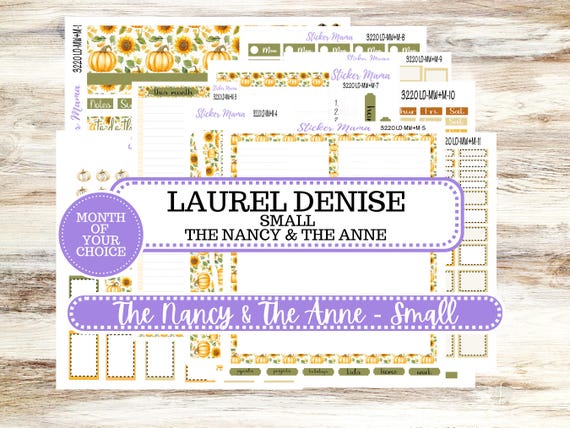 Laurel Denise Small Anne and Nancy Planner Sticker Kit | Small Week + Month | Choose your own Month 3220 Sunflower Harvest | 6-26