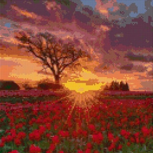 Oregon Tulip Farm paisaje al atardecer Cross Stitch patrón PDF - Descarga instantánea!