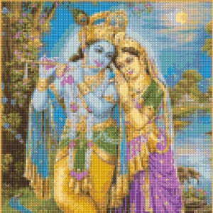 May include: A colorful painting depicting a couple in a loving embrace. The man is playing a flute and the woman is holding his arm. The painting is set against a backdrop of a lush green forest and a blue sky.