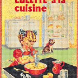May include: A vintage illustration of a girl in a red dress and yellow apron mixing ingredients in a red bowl. The text "COLLETTE à la cuisine" is at the top of the image.