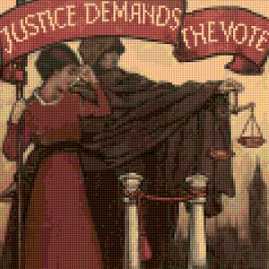 May include: A vintage poster with the text "Justice Demands the Vote" in red lettering. The poster features three figures, two women and a man, standing in front of a building with columns. The man is holding a scale of justice.