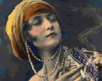 1920s Bohemian Woman Hand Tinted Art Deco Cross Stitch Pattern - PDF Instant Download