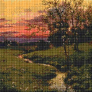 May include: A painting depicting a sunset over a field with a tree in the foreground. The sky is a blend of orange, yellow, pink, and purple. The tree is green and brown. The field is green and brown. The painting is rendered in a pixelated style.
