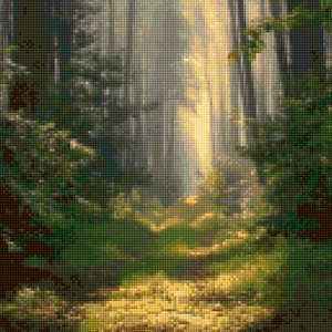 May include: A detailed painting of a forest scene with sunlight streaming through the trees. The artwork features a path leading into the distance, with lush green foliage and a warm, golden light illuminating the scene. The style is reminiscent of a mosaic.