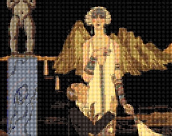 May include: A painting of a woman with angel wings standing next to a man kneeling on the ground. The woman is wearing a white dress and has a halo. The man is wearing a black suit and is looking up at the woman. The background is dark and there is a statue of a nude man in the background.