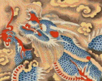 May include: A blue and red dragon embroidered on a beige fabric background. The dragon is surrounded by swirling clouds.
