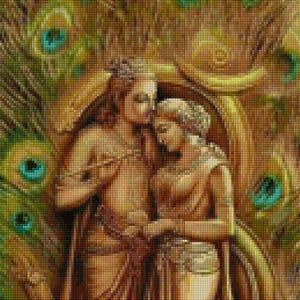May include: A painting of a couple embracing, surrounded by peacock feathers. The couple is depicted in a warm, golden hue, with the woman's dress flowing around her. The peacock feathers are a vibrant green with blue eyes.