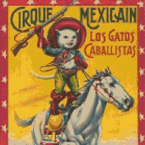Vintage Cirque Mexicain Cat Caballistas Cross Stitch patrón PDF - Descarga instantánea!