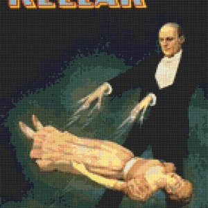 Puede incluir: Un cartel vintage que anuncia un espectáculo de magia con un mago llamado "KELLAR" realizando un truco de levitación. El cartel muestra a un hombre con un traje negro levitando a una mujer con un vestido blanco.