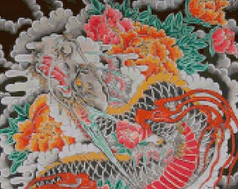 May include: A detailed illustration of a dragon intertwined with flowers. The dragon is primarily silver with red and orange accents, set against a backdrop of orange, pink, and green flowers. The artwork has a traditional Asian aesthetic.