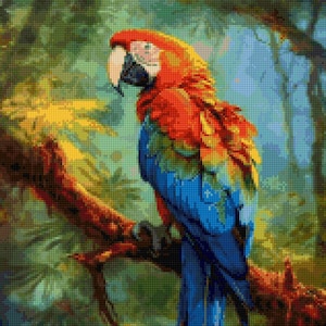 May include: A vibrant red, blue, and yellow macaw perched on a branch in a lush green jungle setting.