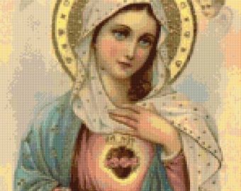 Antique Virgin Mary Sacred Heart Cross Stitch pattern PDF - Instant Download!