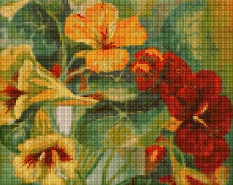 May include: A bouquet of yellow and red flowers in a white vase. The flowers are arranged in a vase with a green background.