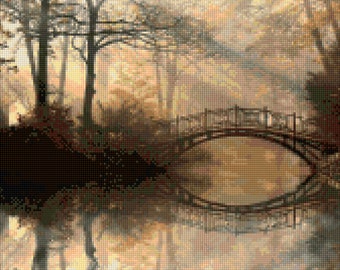 Misty Bridge Reflection Landscape Cross Stitch pattern PDF - Instant Download!