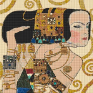 Gustav Klimt 'Die Erwartung' mit Metallicfaden Kreuzstichmuster - PDF Instant Download