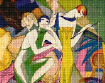 May include: A colorful abstract painting featuring three figures in a dynamic composition. The figures are depicted in a variety of poses, with their limbs overlapping and intertwining. The painting is dominated by bright colors, including yellow, green, pink, and blue.