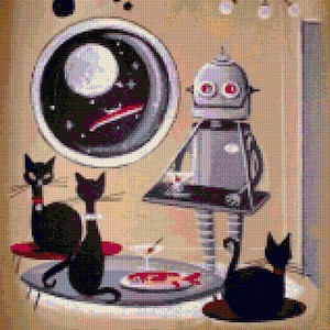 May include: A retro-style illustration of a silver robot with red eyes, standing next to a table with a plate of fish. Three black cats are in the scene, one sitting on a red stool, one sitting on a table, and one sitting on the floor. The background is a beige wall with a moon and stars in a round window.