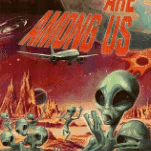 May include: A retro-style poster with the text "HUMANS ARE AMONG US" in red letters. The poster features a spaceship flying over a red and orange alien landscape with a large green alien in the foreground.
