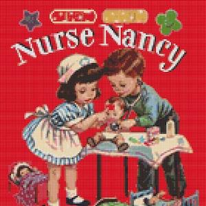 May include: A vintage illustration of two children playing doctor. The girl is dressed as a nurse and is examining a doll with a stethoscope. The boy is holding a doll and looking at the girl. The text "Nurse Nancy" is written in white letters on a red background.