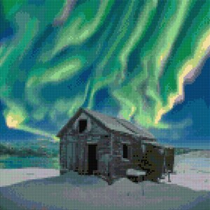 May include: A weathered wooden cabin sits in a snowy field under a vibrant green and blue aurora borealis.