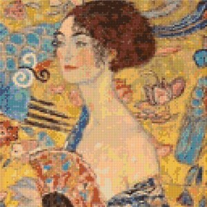May include: A painting of a woman with dark hair and a light blue and yellow dress. The woman is looking to the left and has a soft, dreamy expression. The background is a mix of yellow, blue, and green colors.