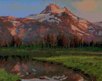 Patrón de punto de cruz del paisaje del Monte Jefferson de Oregón en formato PDF: ¡descarga instantánea!
