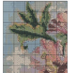 May include: A cross-stitch pattern featuring a floral design with pink, green, and blue flowers. The pattern is on a grid with symbols and colors.