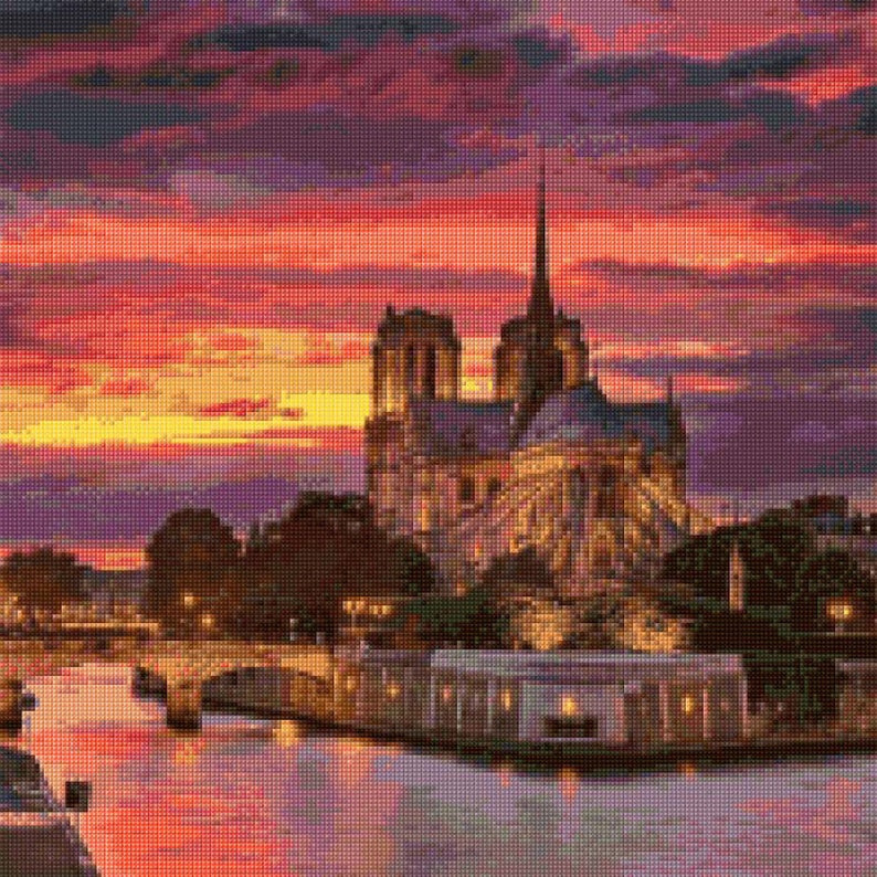 May include: A painting of the Notre Dame Cathedral in Paris, France, at sunset. The sky is a vibrant orange and pink, with clouds in the background. The cathedral is lit up by the setting sun, and the river Seine flows in the foreground.