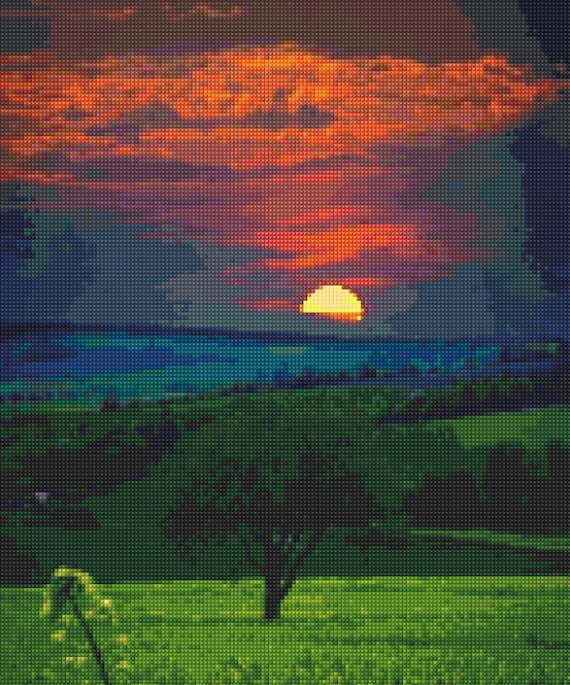 Fiery Sunset Cross Stitch Landscape pattern PDF - Instant Download!