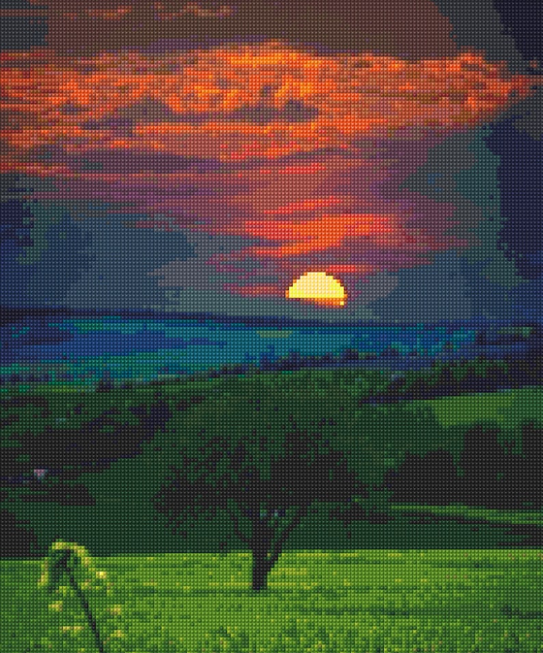 Pu&ograve; includere: Un tramonto vibrante su un campo con un solo albero in primo piano. Il cielo &egrave; un mix di arancione, rosso e viola, con un sole giallo brillante che tramonta dietro una linea di colline blu.