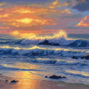 Peut inclure: Une peinture représentant un coucher de soleil sur l'océan, avec des vagues qui se brisent sur le rivage. Le ciel est un mélange d'orange, de rose et de violet, et l'eau est d'un bleu profond. Des rochers sont visibles au premier plan.