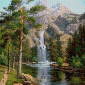 Berg-Wasserfall-Landschaft Kreuzstichmuster PDF - Sofortiger Download!